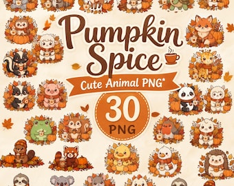 Zestaw PNG ze zwierzętami Pumpkin Spice, 30 jesiennych wzorów, jesienna sublimacja (do pobrania cyfrowego)