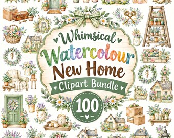 New Home Clipart PNG, Housewarming Gift Design, Watercolor House PNG Bundle, Floral Cottage Clipart, Moving House PNG, Home Decor