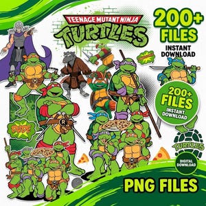 May include: A digital collection of Teenage Mutant Ninja Turtles graphics featuring the four turtles, Master Splinter, and Shredder. The image includes various action poses, pizza slices, and text elements like 200+ FILES, INSTANT DOWNLOAD, and DUDE.