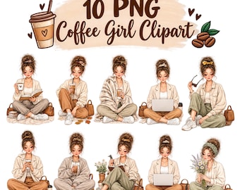 10 PNG Clipart z dziewczyną do kawy, Zrelaksowana kobieta PNG, Przytulny poranek Clipart, Kobieta miłośniczka kawy, Dziewczyna dbająca o siebie, Akwarele kobiece