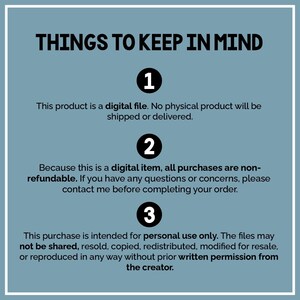 K&ouml;nnte beinhalten: Eine blaue Infografik mit der &Uuml;berschrift THINGS TO KEEP IN MIND. Sie listet drei Punkte auf: 1. Dieses Produkt ist eine digitale Datei. 2. Da es sich um einen digitalen Artikel handelt, sind alle K&auml;ufe nicht erstattungsf&auml;hig. 3. Nur f&uuml;r den Privatgebrauch.