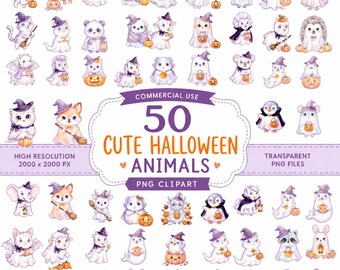 Pakiet Halloweenowych Zwierząt Duchów PNG, Upiorne Akwarele Clipart (Pobieranie Cyfrowe)