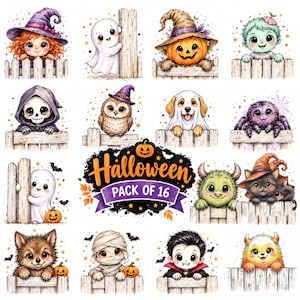 Könnte beinhalten: Eine Sammlung von 16 Halloween-Illustrationen mit niedlichen Charakteren wie einer Hexe, einem Geist, einem Kürbis, einem Monster, einer Spinne, einer Eule, einem Hund, einer Katze, einer Mumie und einem Vampir hinter Holzzäunen mit dem Text Halloween Pack of 16.