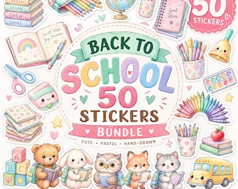 Zestaw 50 pastelowych naklejek szkolnych | Kawaii Watercolor Supplies (do pobrania w wersji cyfrowej)
