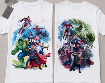 Koszulka z superbohaterem Avengers w akwareli (zestaw 2 sztuk) w formacie PNG, projekt sublimacji komiksowej, grafika na koszulkę z bohaterem, do pobrania w wersji cyfrowej