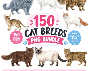 Pakiet 150 ras kotów w formacie PNG, Clipart ras kotów, Słodki kot w formacie PNG, Grafika kawaii z kotami, Sublimacja dla miłośników kotów, Pobieranie cyfrowe
