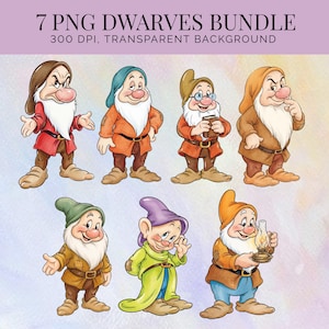 Op de afbeelding: Een digitale bundel van 7 PNG-illustraties met cartoon-dwergen met witte baarden, gekleed in kleurrijke tunieken, hoeden en riemen. De tekst 7 PNG DWARVES BUNDLE 300 DPI, TRANSPARENT BACKGROUND staat bovenaan de afbeelding weergegeven.