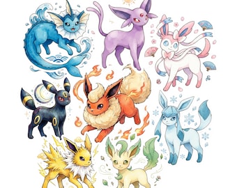 Zestaw naklejek Eeveelution PNG (8 szt.), urocze cyfrowe grafiki typu kawaii do naklejek, planerów, sublimacji, scrapbookingu i rękodzieła DIY