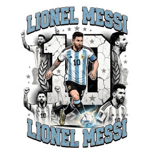 K&ouml;nnte beinhalten: Eine grafische Illustration von Lionel Messi im argentinischen Fu&szlig;balltrikot mit der Nummer 10. Das Design zeigt mehrere Posen des Spielers, eine gro&szlig;e Zahl 10 im Hintergrund, einen Fu&szlig;ball, Sterne und den Schriftzug LIONEL MESSI.