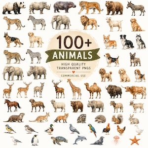 Op de afbeelding: Een verzameling van diverse dierillustraties waaronder zoogdieren, vogels en zeedieren gerangschikt rond een centrale ronde badge met de tekst 100+ ANIMALS HIGH QUALITY TRANSPARENT PNGS COMMERCIAL USE op een effen witte achtergrond.