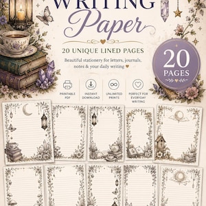 May include: A collection of printable writing paper featuring 20 unique lined pages with decorative borders of lanterns, flowers, butterflies, crystals, and books. The design includes text stating Printable Writing Paper, 20 Unique Lined Pages, and 20 Pages.
