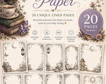 Bedruckbares Fantasy-Schreibpapier | 20 bezaubernde Briefpapierseiten | Linierte Tagebuchseiten | Bedruckbares Briefpapier | Sofortiger PDF-Download