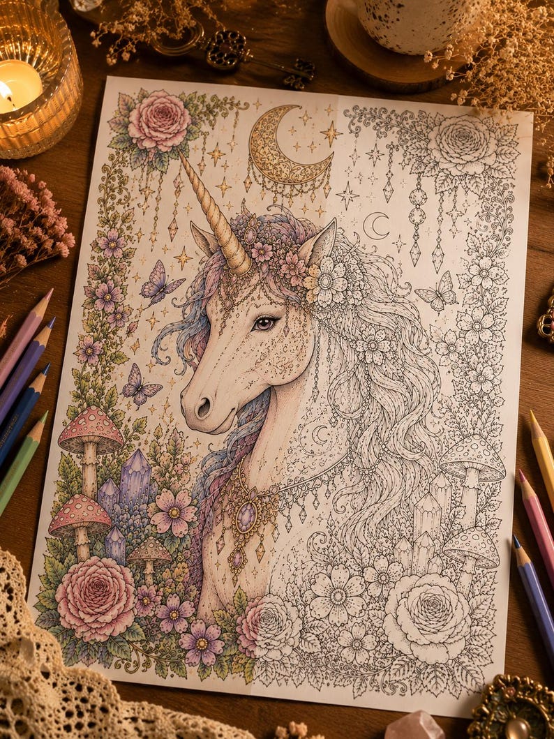 K&ouml;nnte beinhalten: Eine Malvorlage mit einem Einhorn mit Blumenm&auml;hne, einer Mondsichel, Schmetterlingen, Pilzen und Kristallen. Die linke Seite ist teilweise in Rosa-, Lila- und Gr&uuml;nt&ouml;nen ausgemalt, w&auml;hrend die rechte Seite als schwarz-wei&szlig;es Liniendesign erhalten bleibt.