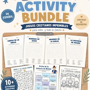 Puede incluir: Un paquete de actividades bíblicas en español, con búsquedas de palabras, trivial, páginas para colorear y laberintos. El paquete incluye más de 10 actividades educativas y divertidas para niños y familias.