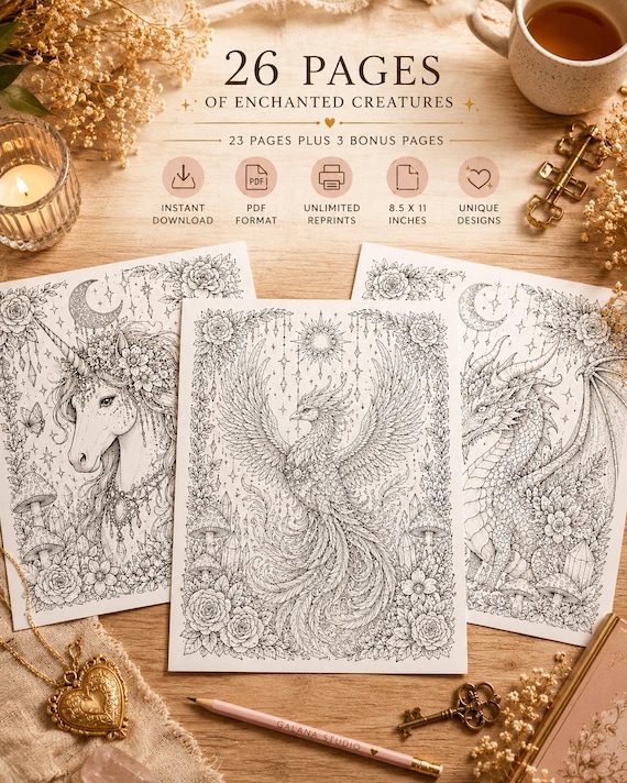 Fantasy Creatures Coloring Book Bundle | 26 Printable Coloring Pages | Adult Coloring Book PDF | Unicorn Dragon Phoenix Fairy Coloring Pages