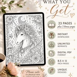 K&ouml;nnte beinhalten: Eine digitale Malvorlage mit einem Einhorn mit Blumenm&auml;hne, Mondsichel und Pilzen auf einem Tablet-Bildschirm. Der Text umfasst WHAT YOU GET, 23 PAGES plus 3 bonus pages, INSTANT DOWNLOAD, UNLIMITED REPRINTS, DIGITAL PDF FORMAT, 8.5 x 11 INCH PAGES, UNIQUE DESIGNS und Please note no physical item will be shipped.