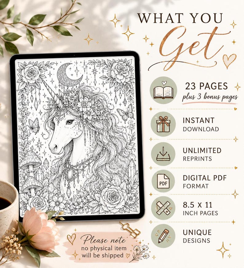 K&ouml;nnte beinhalten: Eine digitale Malvorlage mit einem Einhorn mit Blumenm&auml;hne, Mondsichel und Pilzen auf einem Tablet-Bildschirm. Der Text umfasst WHAT YOU GET, 23 PAGES plus 3 bonus pages, INSTANT DOWNLOAD, UNLIMITED REPRINTS, DIGITAL PDF FORMAT, 8.5 x 11 INCH PAGES, UNIQUE DESIGNS und Please note no physical item will be shipped.