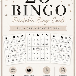 Pode incluir: Um conjunto de 20 cartões de bingo imprimíveis com fundo bege e texto castanho escuro. O design inclui três grelhas de bingo de amostra com números e um espaço livre, juntamente com ícones para impressão, grupos, download e tamanho carta dos EUA 21,6 x 27,9 cm.