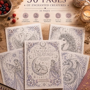 Enchanted Creatures Coloring Book | 30 Printable Fantasy Coloring Pages | Fairies, Dragons, Unicorns & Celestial Animals