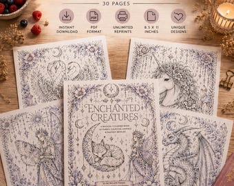 Malbuch „Verzauberte Wesen“ | 30 ausdruckbare Fantasy-Malvorlagen | Feen, Drachen, Einhörner & Himmelswesen
