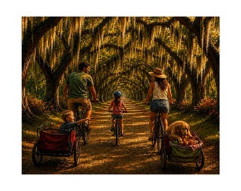 Family Biking Through Oak Tunnel Poster | Matte Horizontal Poster