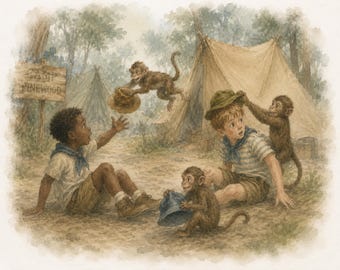 Camp Pinewood Mischief: Bambini e scimmie - Stampa ad acquerello (20x25 cm, download digitale)
