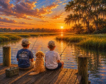 Ragazzi che pescano con il cane sul molo - Tramonto nella palude meridionale (download digitale 8x10)