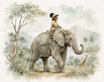Stampa ad acquerello di una ragazza a cavallo di un elefante: avventura safari per la cameretta (download digitale 8x10)