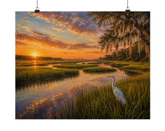 Sunset Marsh Scene Matte Horizontal Posters | Egret, Marshland Landscape, Coastal Sunset