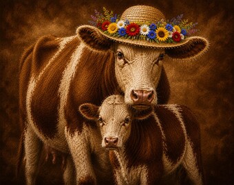 Ritratto di mucca e vitello: decorazioni rustiche, cappello di paglia floreale (download digitale)