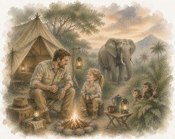 Stampa "Avventura Safari": Padre e figlia in campeggio, elefante, scimmie, ricordi di una tenda vintage