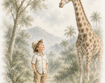 Stampa ad acquerello "Avventura Safari": Ragazzo incontra Giraffa (Download digitale 8x10)