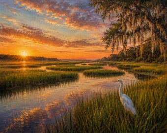 Dipinto di un airone al tramonto in una palude della Lowcountry (download digitale 8x10)