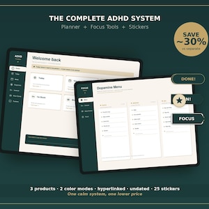 Könnte beinhalten: Das komplette ADHD-System mit digitalem Planer, Fokus-Tools und Stickern. Zwei Tablet-Bildschirme zeigen ein Willkommens-Dashboard und ein Dopamin-Menü mit Aufgabenlisten. Enthält drei Produkte, zwei Farbmodi, Hyperlinks und fünfundzwanzig Sticker.