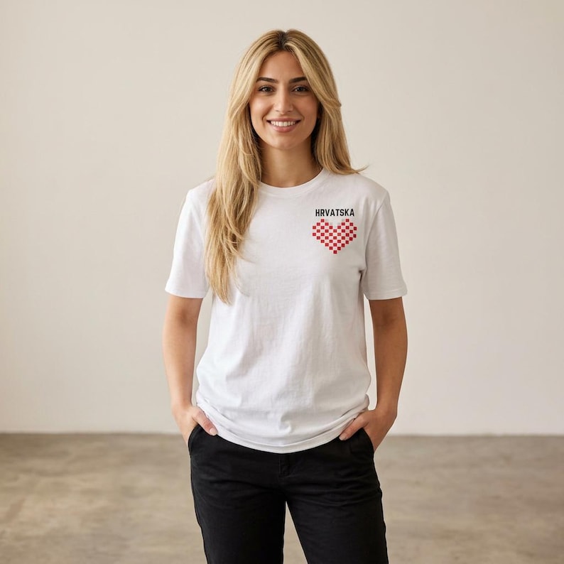 May include: A white short-sleeved t-shirt featuring a small red and white checkered heart graphic on the left chest. Above the heart, the word HRVATSKA is printed in black capital letters. The shirt has a crew neckline and a standard fit.