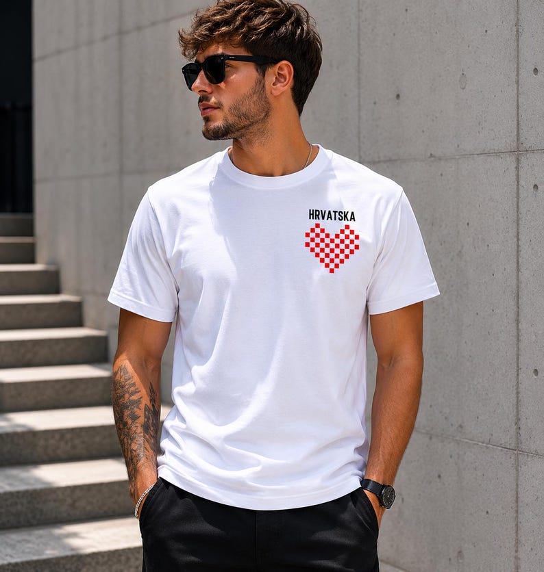May include: A white short-sleeved t-shirt featuring a small graphic on the upper left chest. The graphic consists of the word "HRVATSKA" in black capital letters above a heart shape composed of a red and white checkered pattern.
