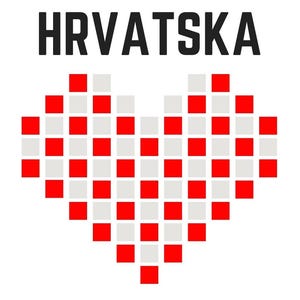 May include: A graphic design featuring the word HRVATSKA in bold black capital letters positioned above a heart shape composed of a grid of alternating red and light gray square tiles, creating a checkerboard pattern throughout the heart.