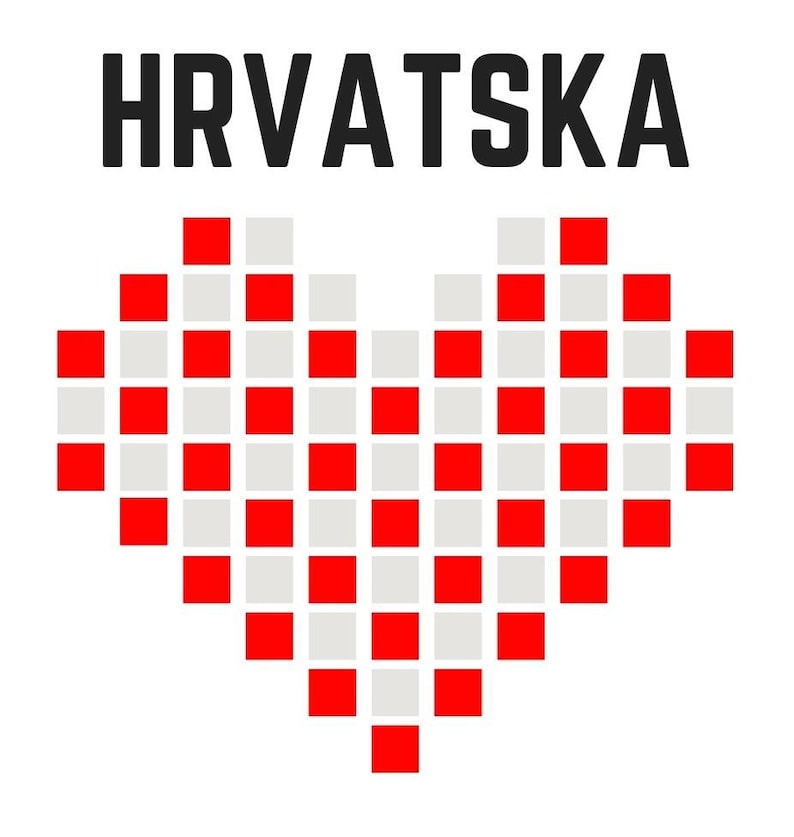 May include: A graphic design featuring the word HRVATSKA in bold black capital letters positioned above a heart shape composed of a grid of alternating red and light gray square tiles, creating a checkerboard pattern throughout the heart.