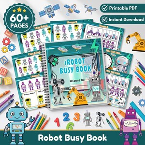 May include: A spiral-bound Robot Busy Book with 60+ pages, featuring a teal cover with robot illustrations and the text iRobot Busy Book. The set includes printable activity sheets with robot-themed games, counting exercises, and tell-the-time tasks, accompanied by colorful crayons, number cutouts, and various robot stickers.