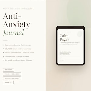 以下が含まれることがあります： 「Anti-Anxiety Journal」と書かれたデジタル抗不安ジャーナル。毎日のプロンプト、CBTツール、ボディスキャンエクササイズが含まれています。スマートフォンには同様のデザインの「Calm Pages」が表示されています。