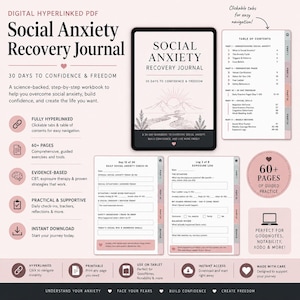 Werkboek sociale angst, dagboek met hyperlinks naar CGT-therapie, tracker geestelijke gezondheid, afdrukbaar / angsttoolkit Reliefplanner-werkbladen