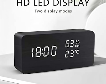 Wood LED Digital Alarm Clock | Temperature, Voice Control, USB/Battery Powered Bedside Clock