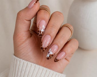 Press On Nails Almond Leopard Print French Tip Flower Design