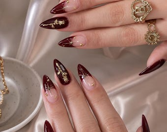 Wine Red Press On Nails with Gold Flower Detail Almond Shape