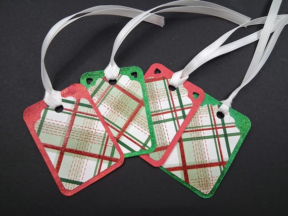 Set of 22 handmade Christmas gift tags, a sparkle plaid pattern layered on glittered cardstock, tied with white satin ribbon