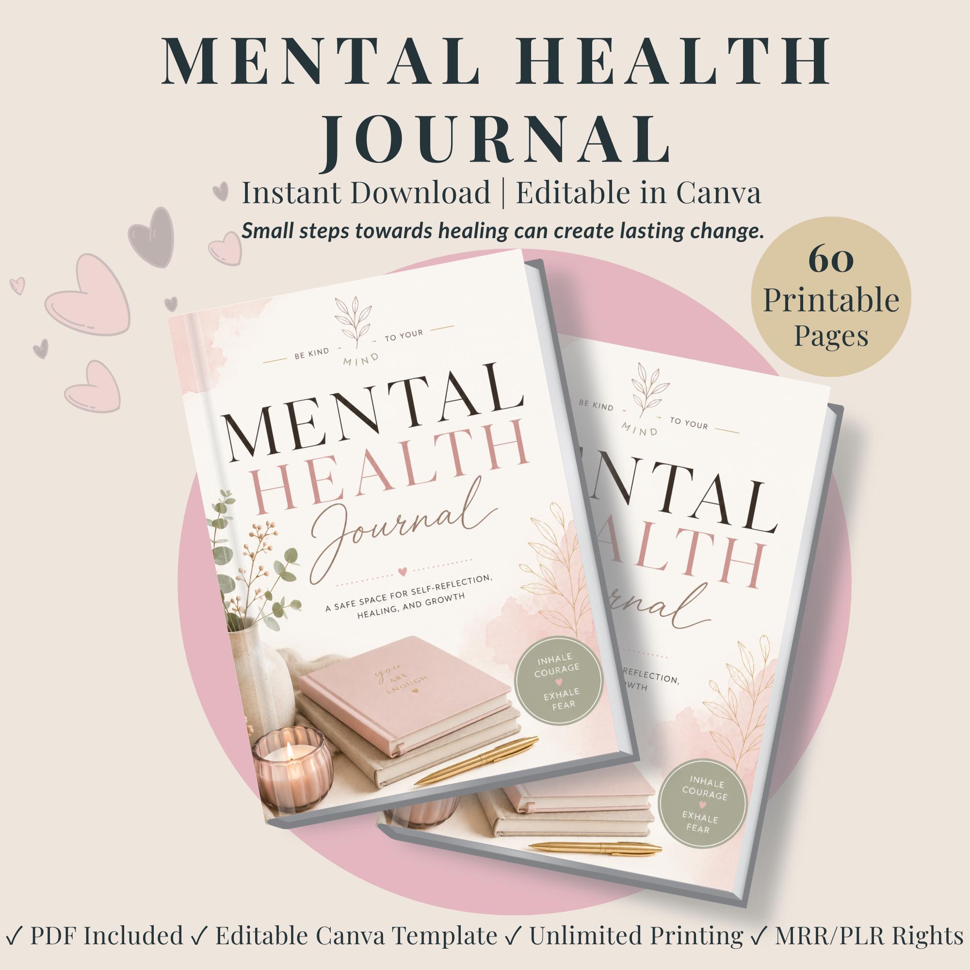 Mental Health Journal Printable PDF Anxiety Journal with Prompts Guided Self-Care Workbook Editable Canva Template PLR & MRR