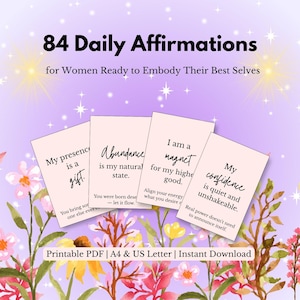 May include: Four rectangular cards with light pink backgrounds featuring black text affirmations. The cards display phrases like My presence is a gift, Abundance is my natural state, I am a magnet for my higher good, and My confidence is quiet and unshakeable.
