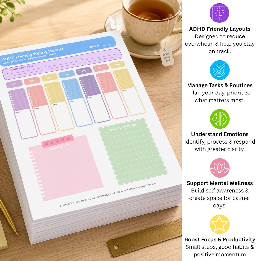 Colorful ADHD Planner Printable | Daily Weekly Planner + Mood Tracker ...
