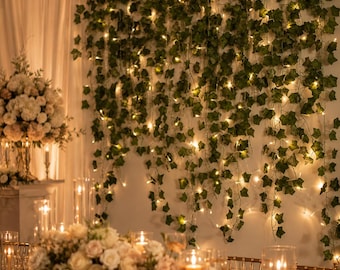 人工アイビーガーランド、温かみのあるLEDフェアリーライト付き、結婚式用吊り下げ植物装飾