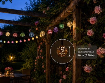 Moroccan Solar Lantern String Lights, Boho Garden Patio Decor, 8 Modes, Warm White